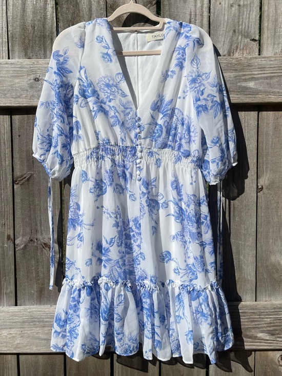 Taylor Dresses & Skirts - Taylor Blue and White Floral V-Neck Dress